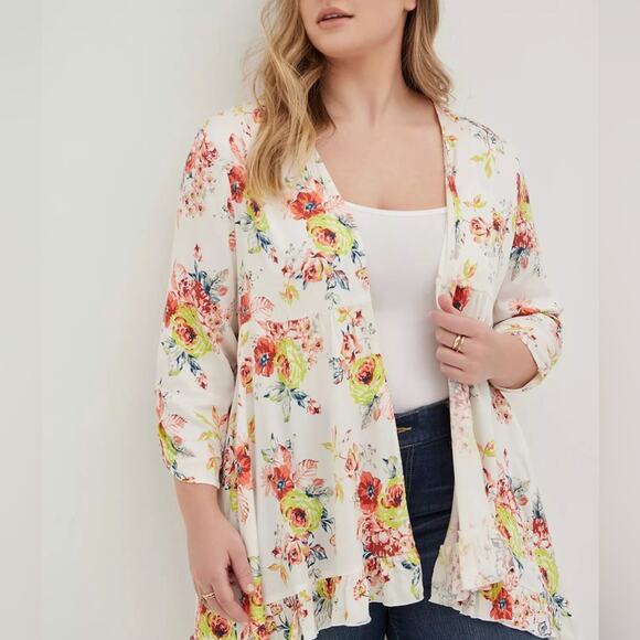 torrid Tops - Torrid Ivory Floral Ruffle Hem Kimono 2X 16733888 16733884